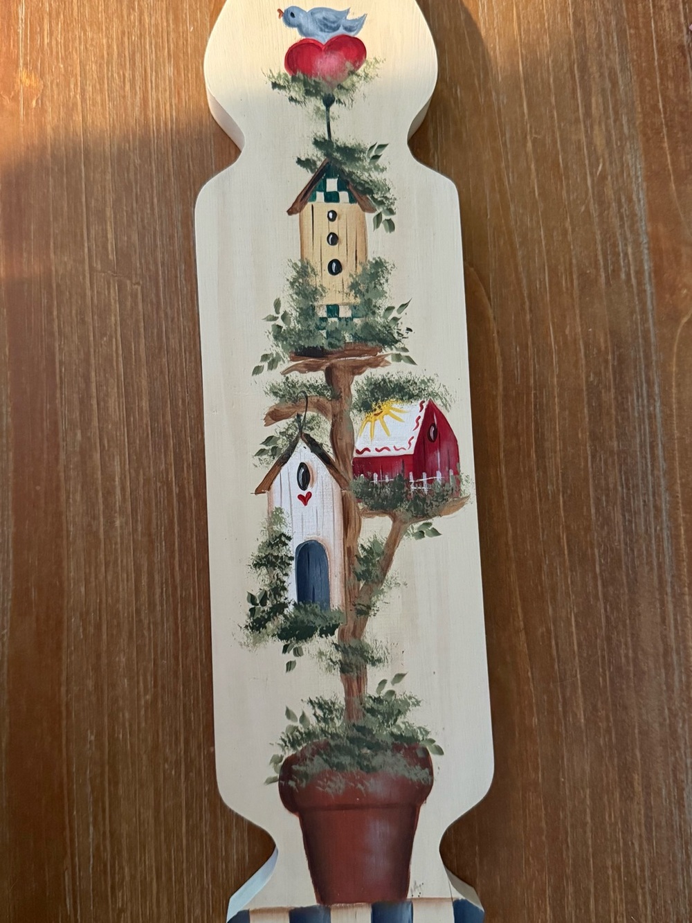 Hand-Painted Cream Wall Plaque with Red & Blue Birdhouse Motif